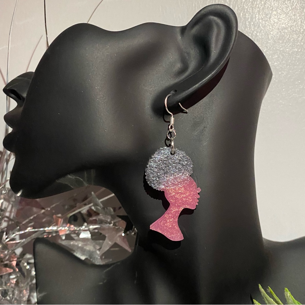 Sjb Handmade Pink Gray Afro Woman Resin Earrings Silver Fish Hook Rubber Back